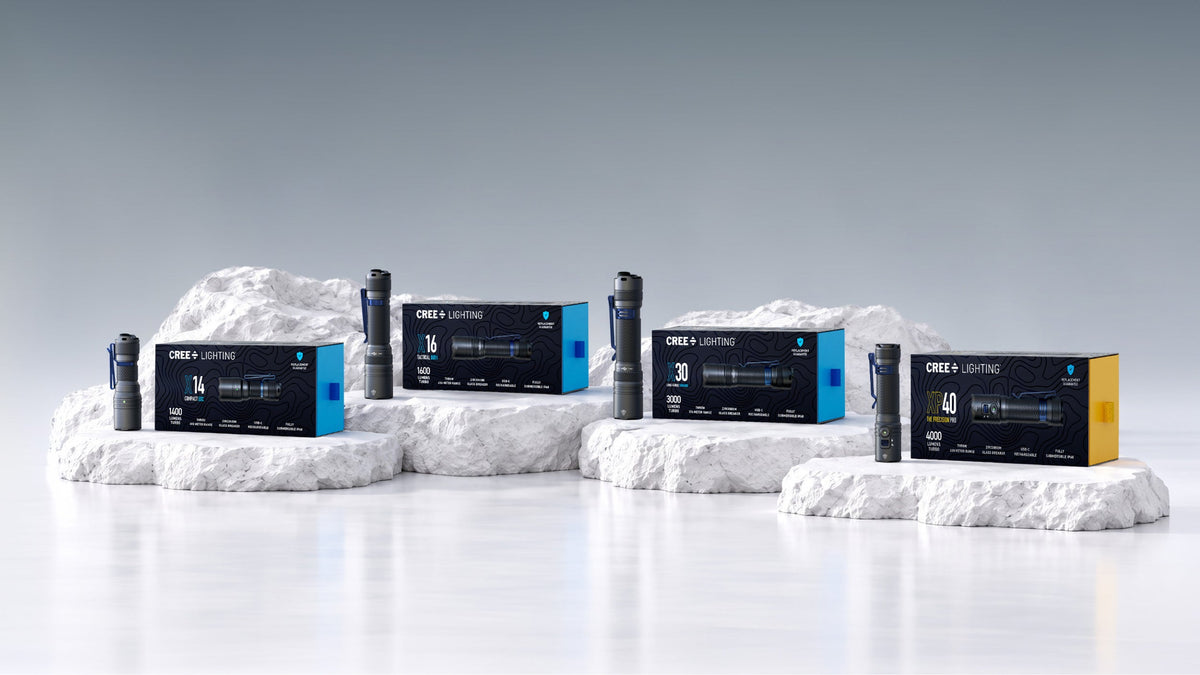 Cree Lighting X-Series flashlights X14, X16, X30 and XP40 displayed beside their retail boxes
