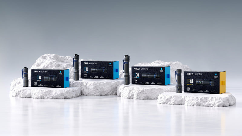 Cree Lighting X-Series flashlights X14, X16, X30 and XP40 displayed beside their retail boxes