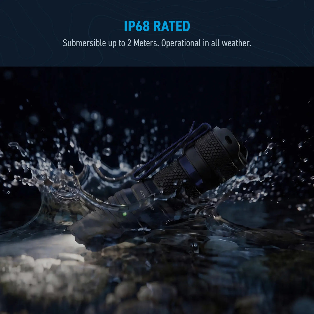 Cree Lighting X14 IP68 rated waterproof tactical flashlight splashing in 2m water