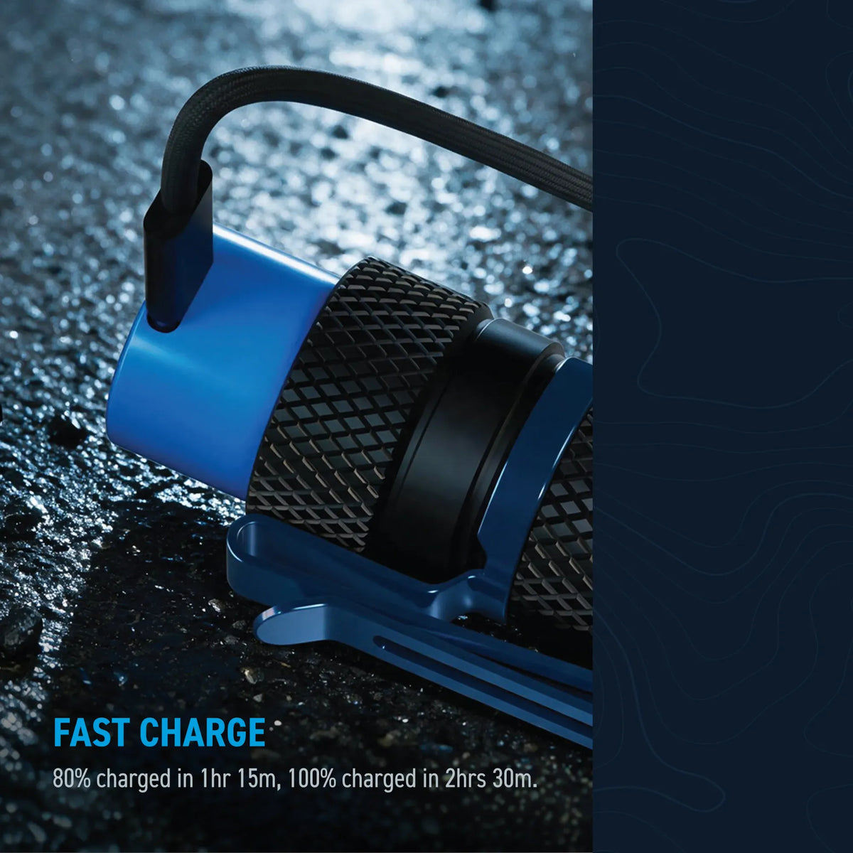 Cree Lighting X14 Flashlight USB-C fast charge diagram: 100% charge in 2 hours 30 minutes.