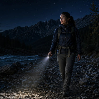 Cree Lighting X14 tactical LED flashlight illuminating outdoor hiking trail at night