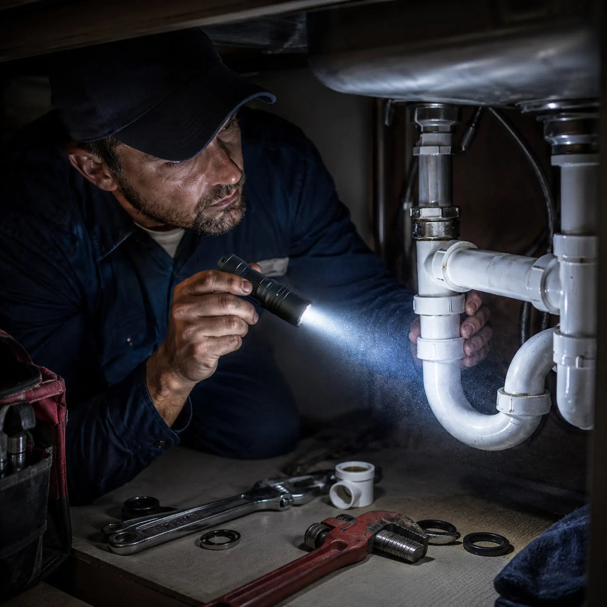 Cree Lighting X14 compact flashlight used by plumber illuminating pipes under a sink