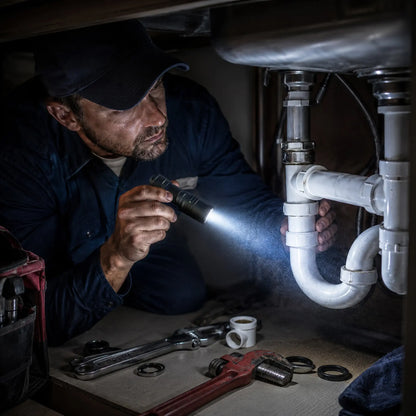 Cree Lighting X14 compact flashlight used by plumber illuminating pipes under a sink