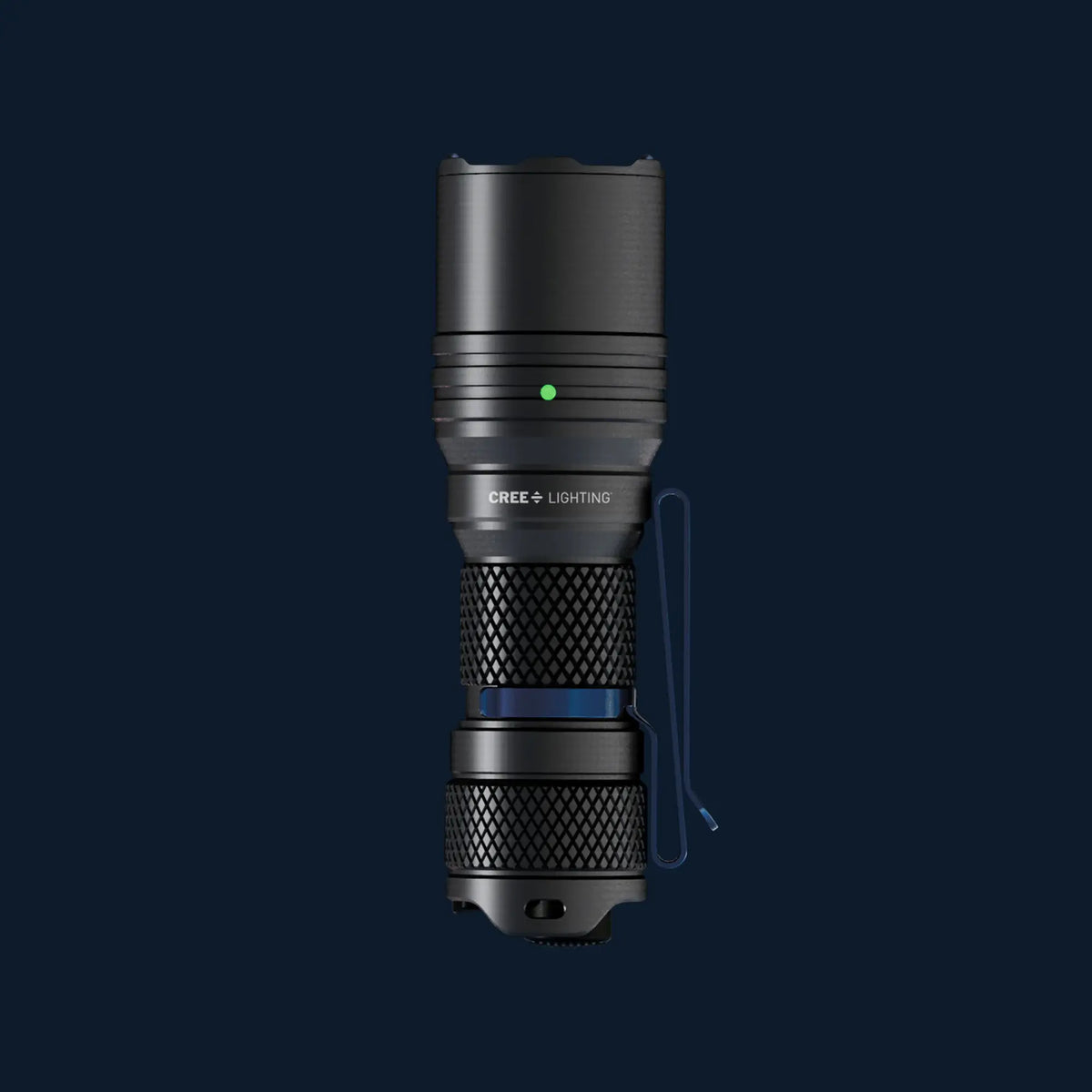 Cree Lighting X14 compact tactical LED flashlight hero shot with pocket clip and green battery LED
