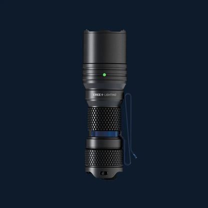 Cree Lighting X14 compact tactical LED flashlight hero shot with pocket clip and green battery LED