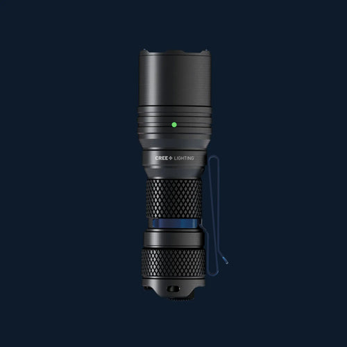 Cree Lighting X14 compact tactical LED flashlight hero shot with pocket clip and green battery LED