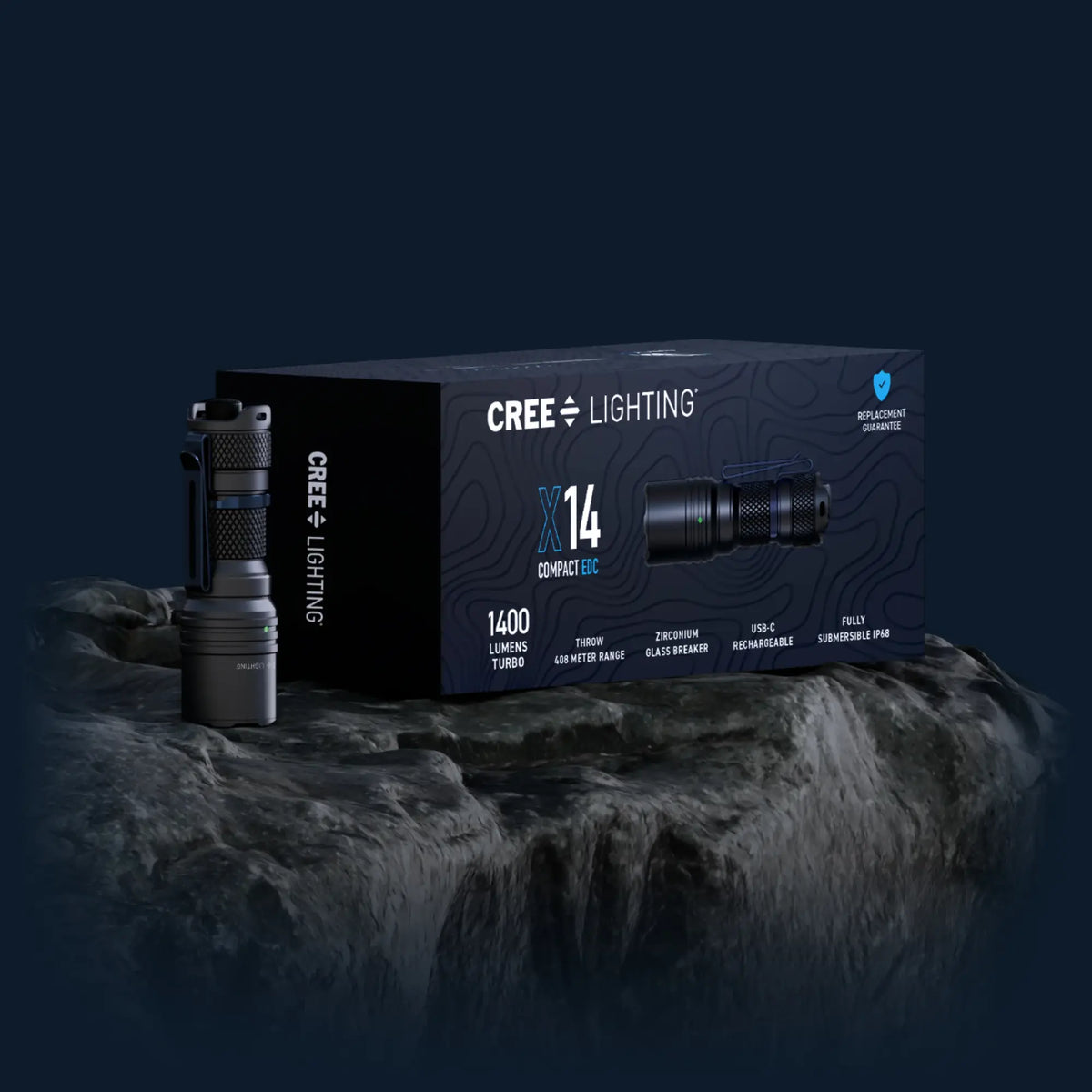 Cree Lighting X14 Compact EDC flashlight retail box: 1400 lumens, 408m throw, USB-C rechargeable