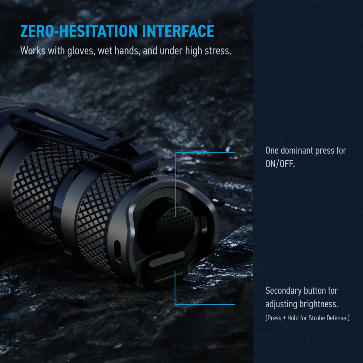 Cree Lighting X14 Flashlight tail cap diagram with primary power switch, brightness control, and strobe defense
