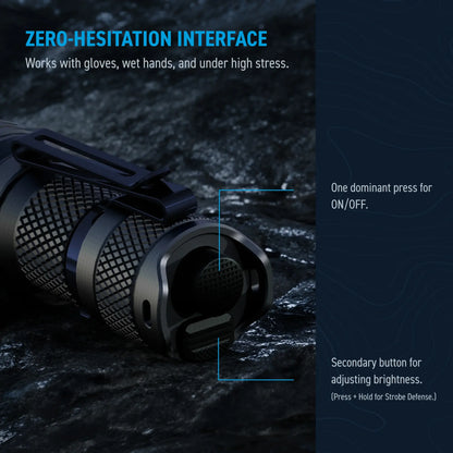 Cree Lighting X14 Flashlight tail cap diagram with primary power switch, brightness control, and strobe defense
