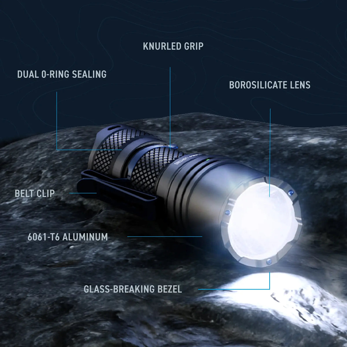 Cree Lighting X14 tactical flashlight: 6061-T6 aluminum body, borosilicate lens, dual O-ring seal, glass break bezel.