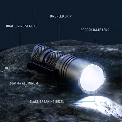 Cree Lighting X14 tactical flashlight: 6061-T6 aluminum body, borosilicate lens, dual O-ring seal, glass break bezel.