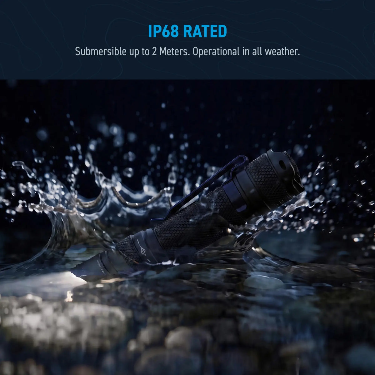 Cree Lighting X16 IP68 rated waterproof tactical flashlight splashing in 2m water