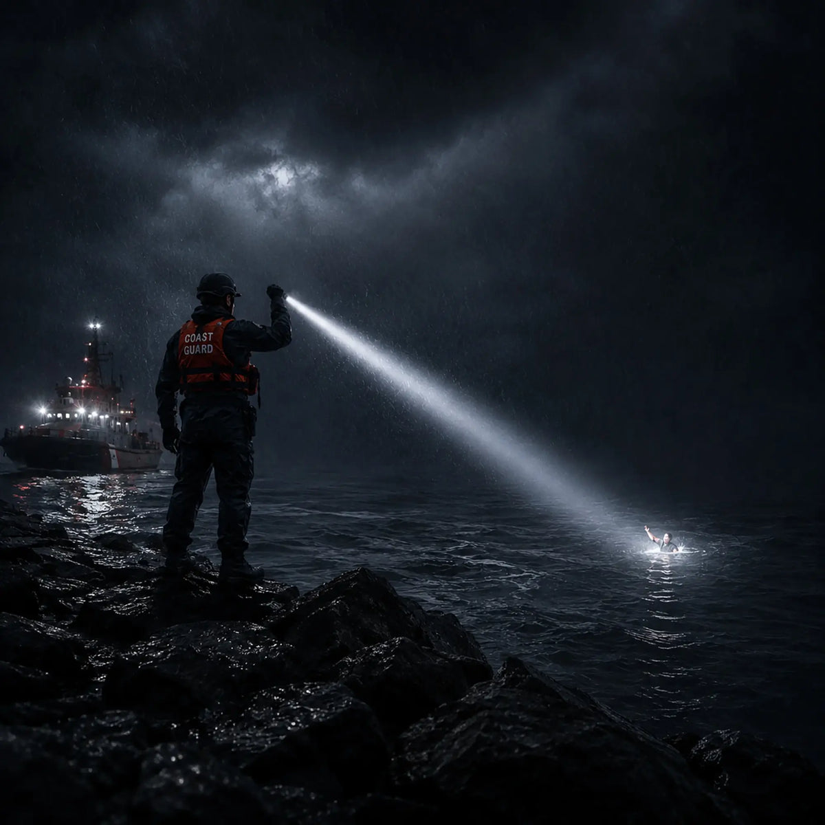 Cree Lighting X16 tactical flashlight used by Coast Guard rescuer signaling to survivor in water at night