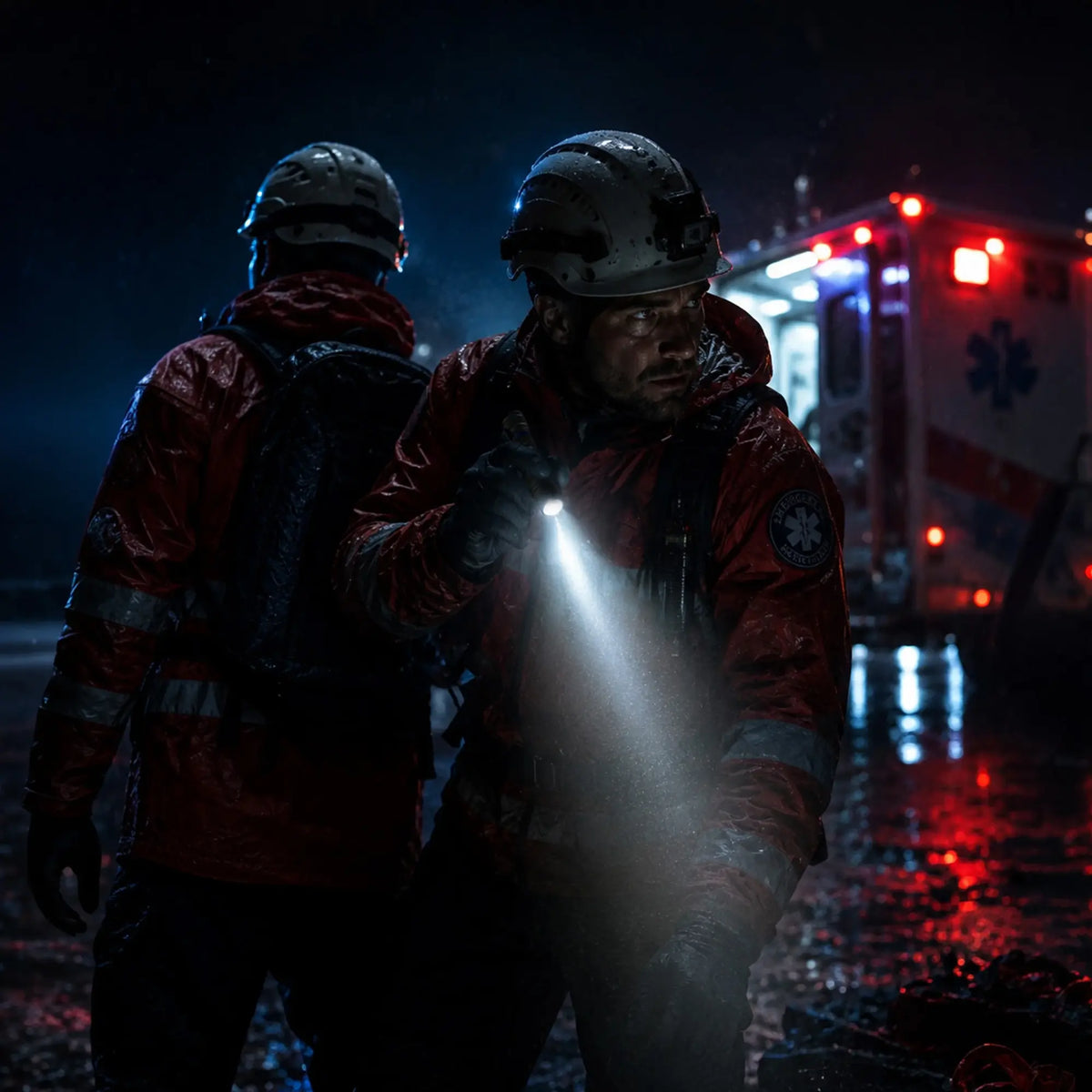 Cree Lighting X16 tactical flashlight held by paramedic at nighttime ambulance emergency scene