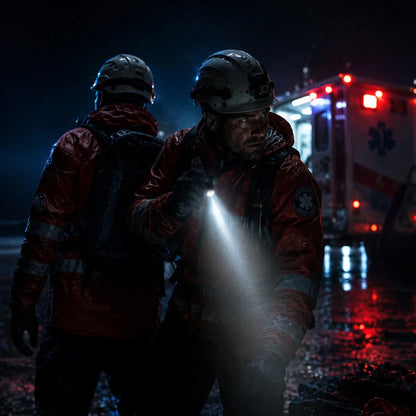 Cree Lighting X16 tactical flashlight held by paramedic at nighttime ambulance emergency scene
