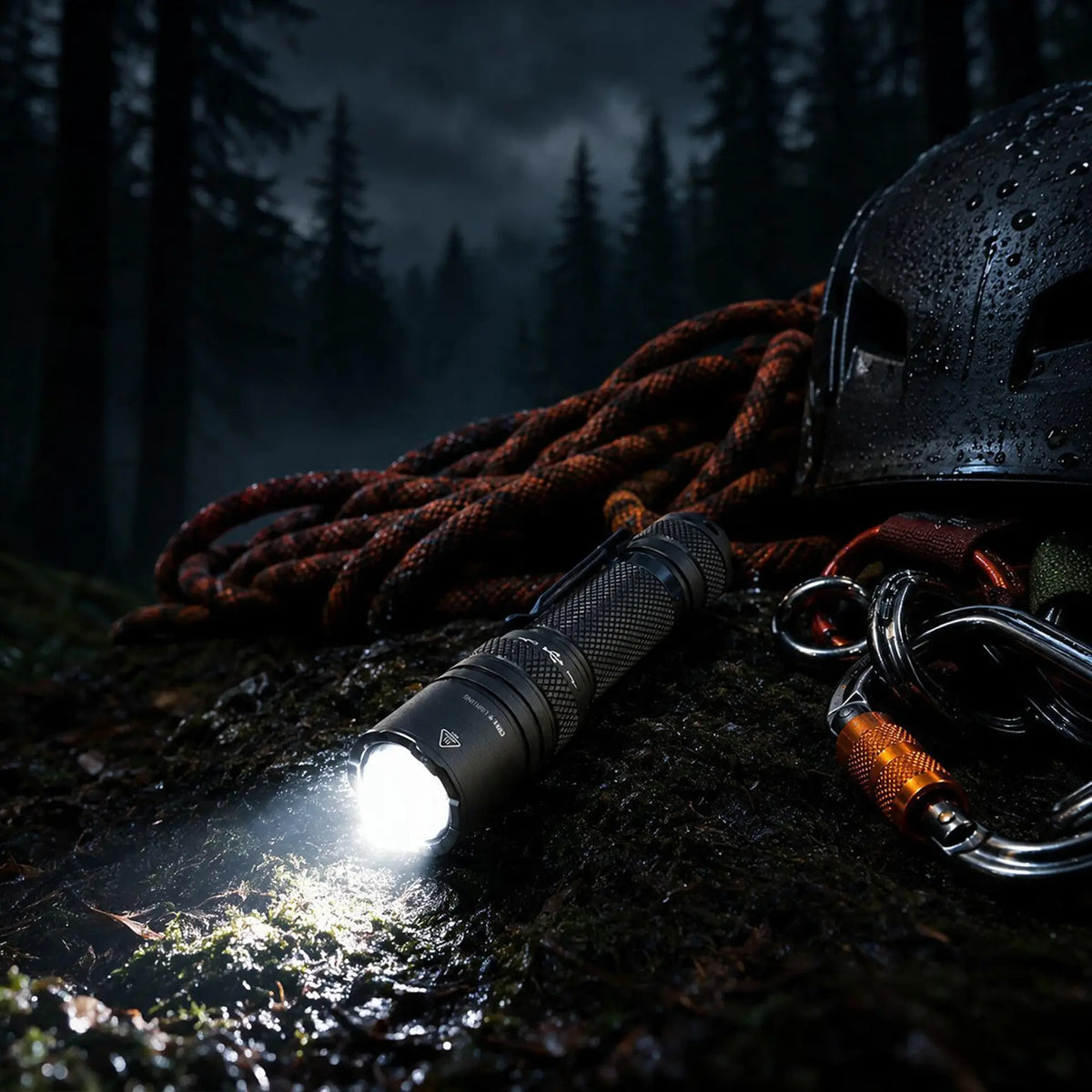 Cree Lighting X16 tactical flashlight illuminated beside climbing rope and helmet on wet rocks