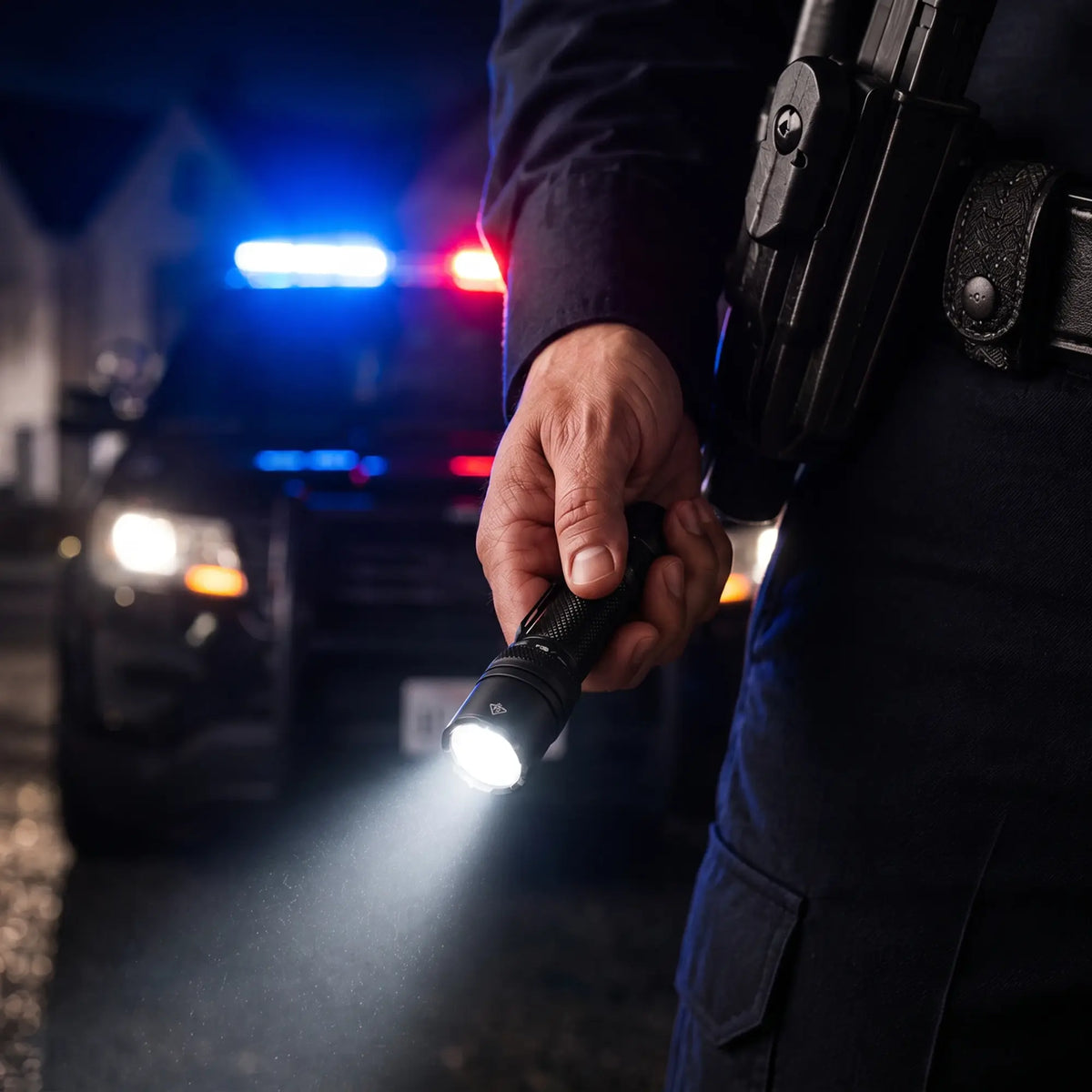 Cree Lighting X16 tactical flashlight drawn from duty belt holster with patrol car lights at night