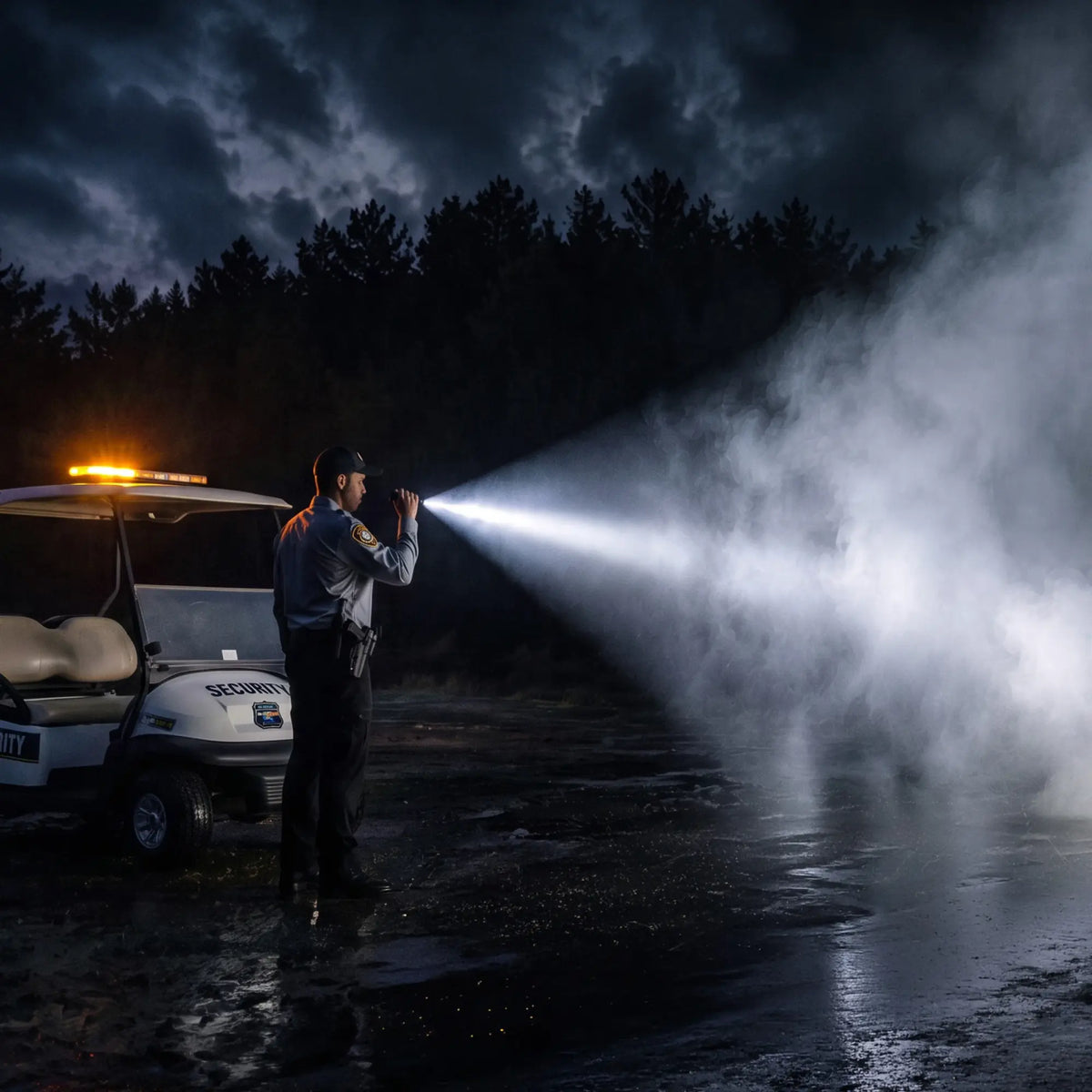 Cree Lighting X16 tactical flashlight beam cutting through fog during nighttime security patrol