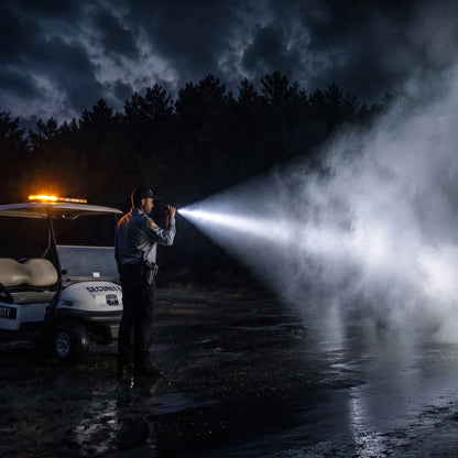 Cree Lighting X16 tactical flashlight beam cutting through fog during nighttime security patrol