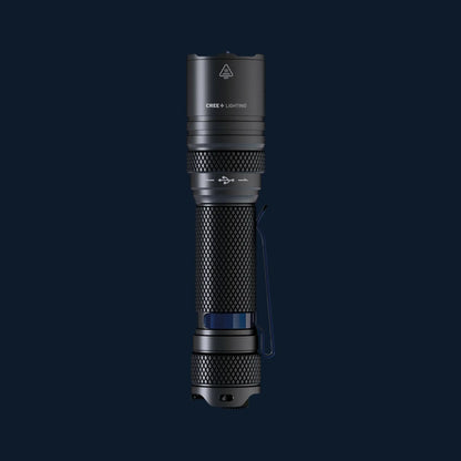 Cree Lighting X16 tactical duty LED flashlight hero shot with pocket clip and blue accent ring