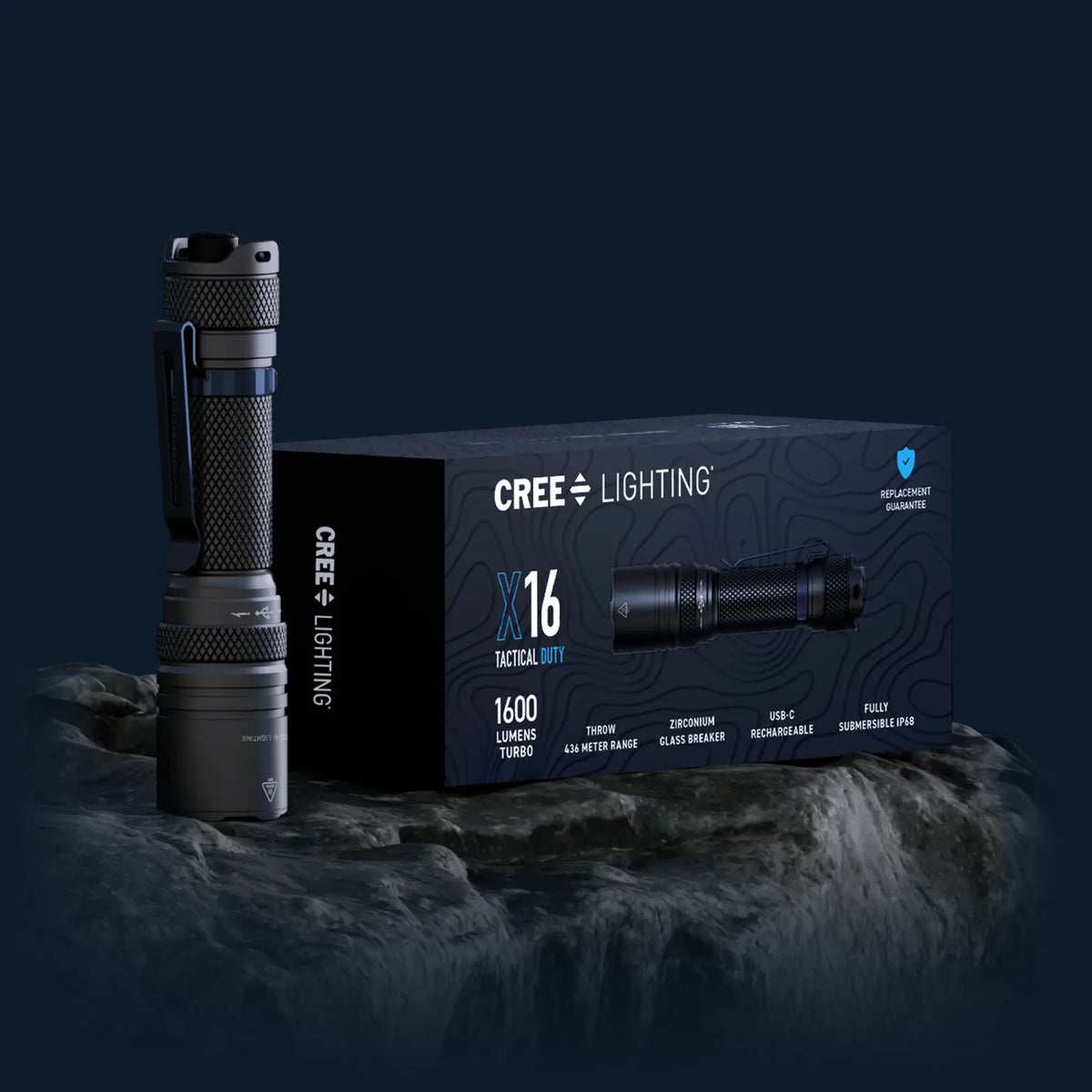 Cree Lighting X16 Tactical Duty flashlight retail box: 1600 lumens, 436m throw, USB-C rechargeable
