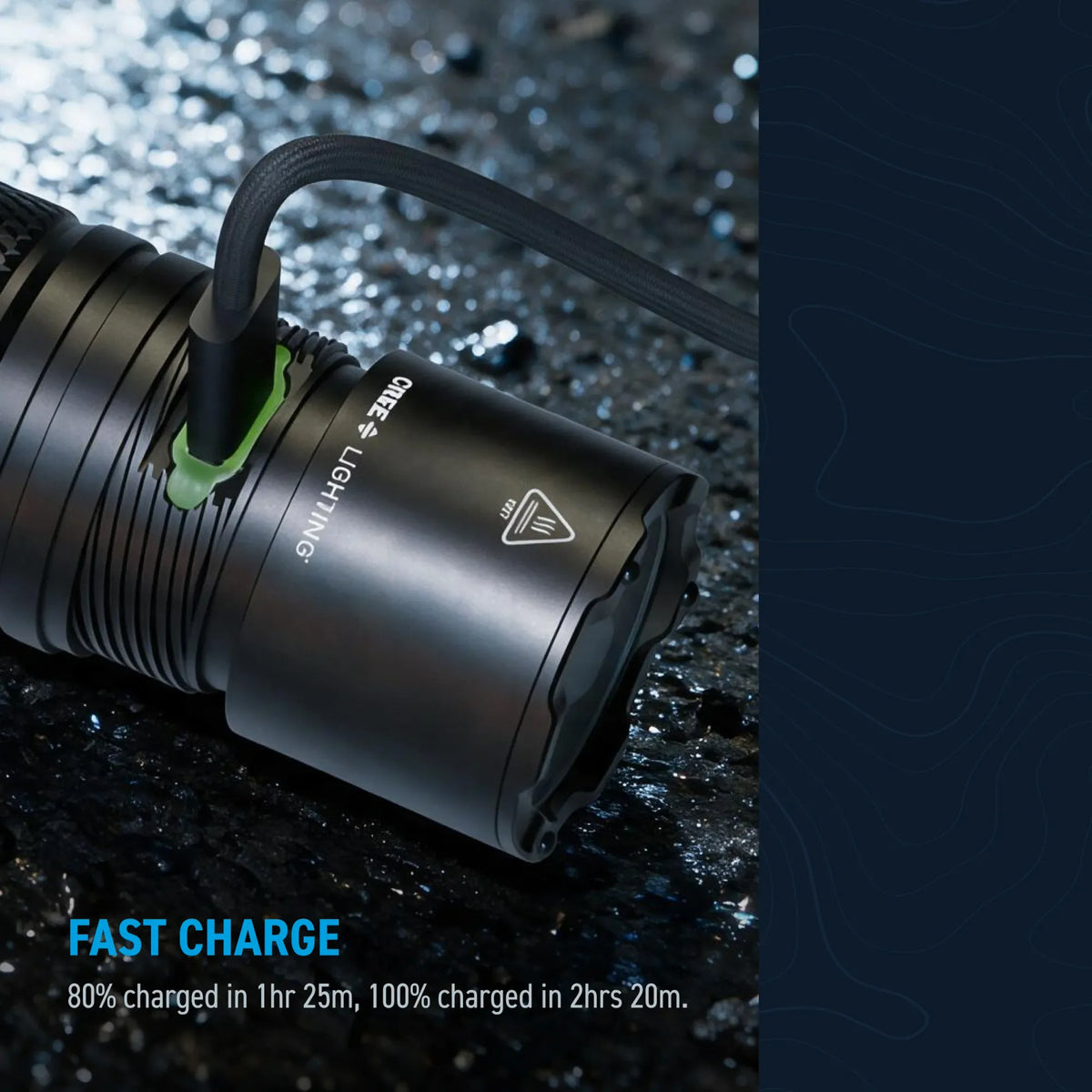 Cree Lighting X16 flashlight USB-C fast charge diagram: 100% charge in 2 hours