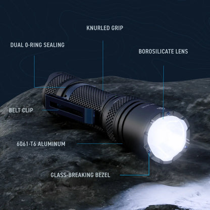 Cree Lighting X16 tactical flashlight: 6061-T6 aluminum body, borosilicate lens, dual O-ring seal, glass break bezel