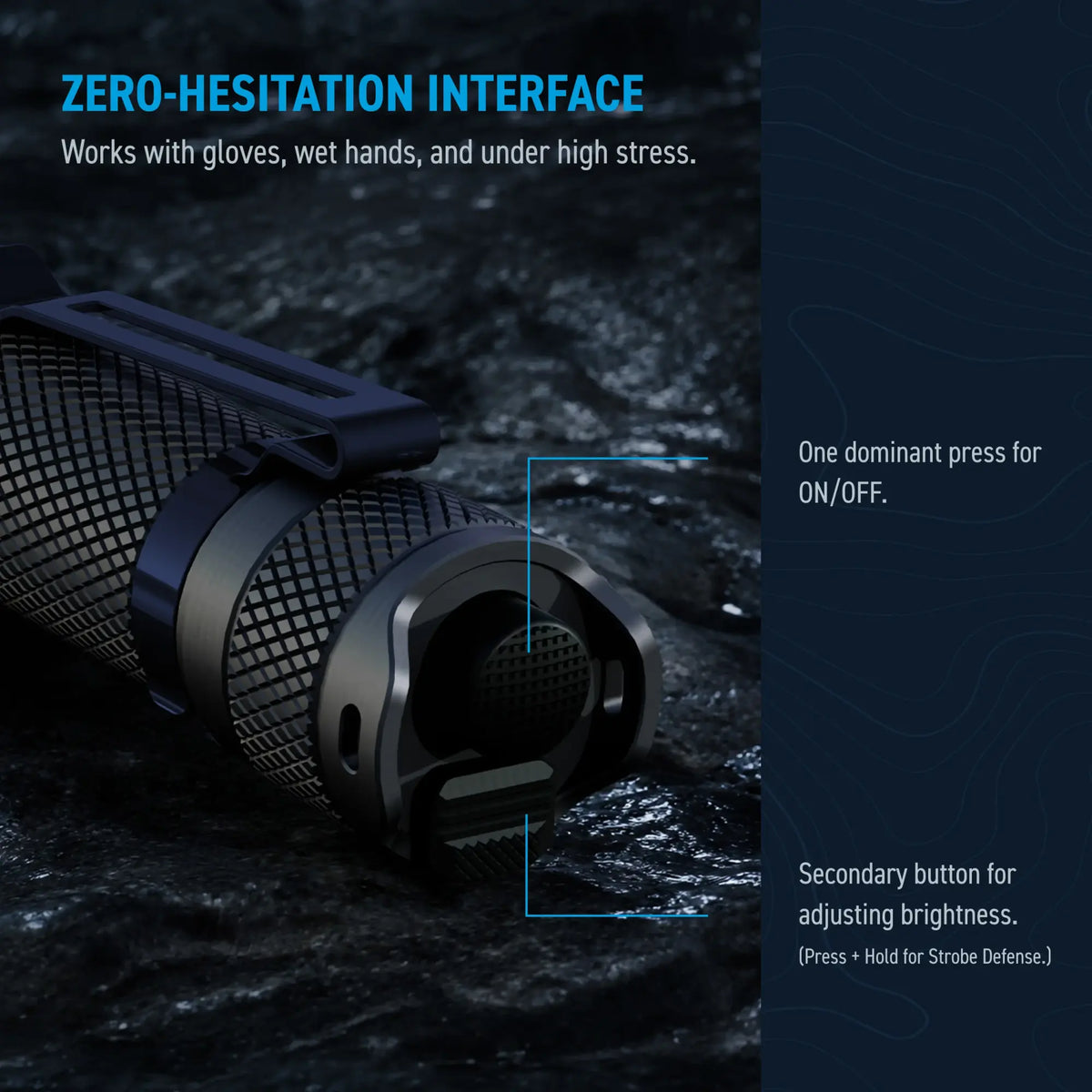 Cree Lighting X30 tail cap diagram with primary power switch, brightness control, and strobe defense