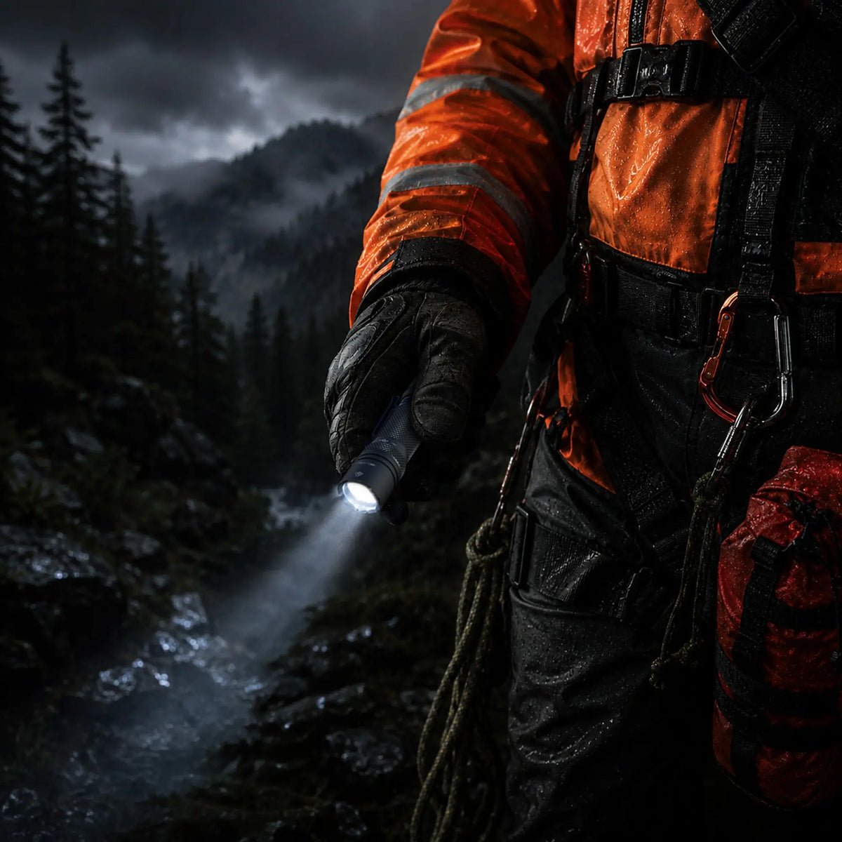 Cree Lighting X30 flashlight used by search and rescue worker in misty mountain terrain