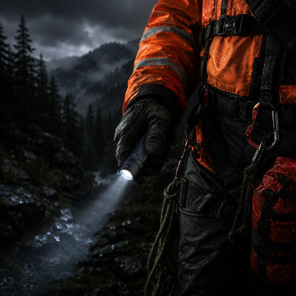 Cree Lighting X30 flashlight used by search and rescue worker in misty mountain terrain