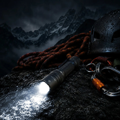 Cree Lighting X30 flashlight illuminated beside climbing rope, helmet, and carabiners on mountain rock