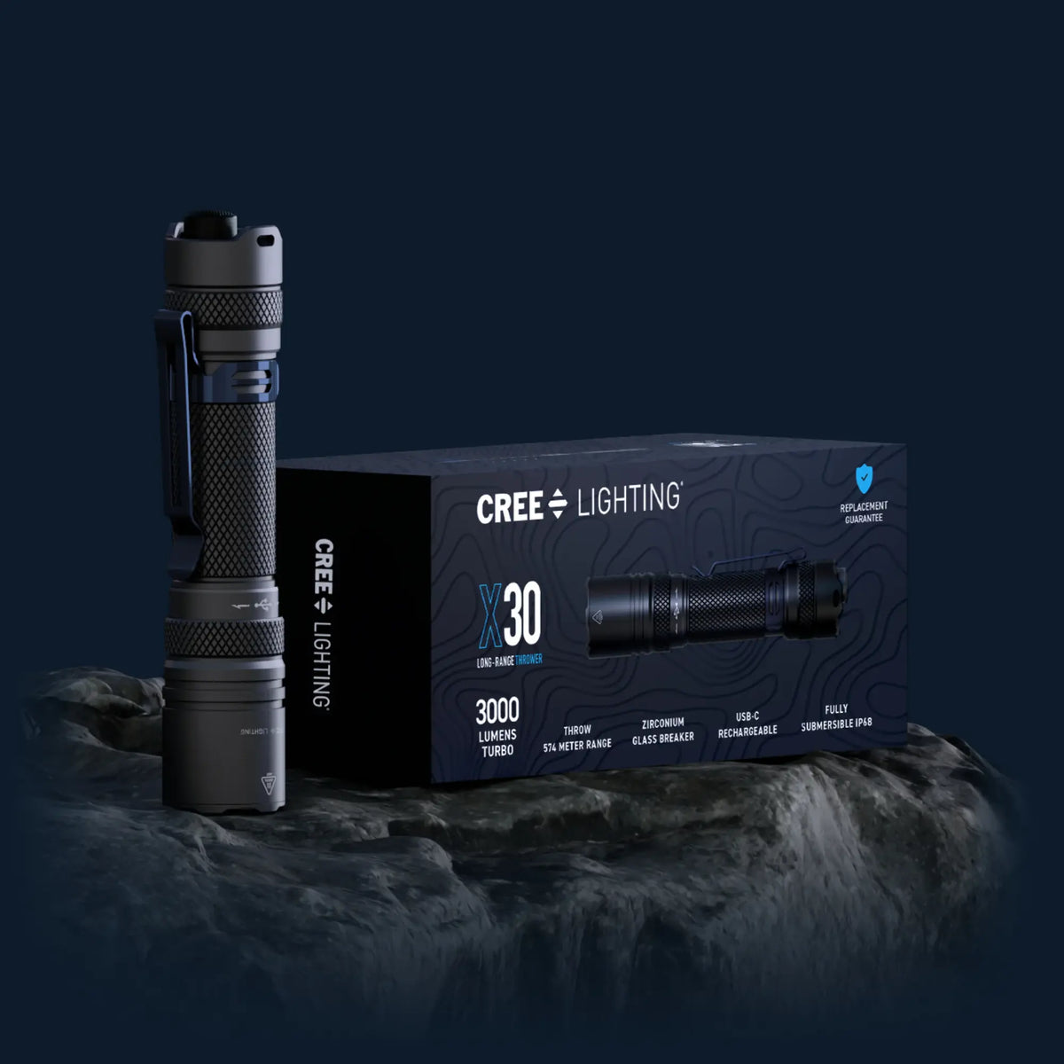 Cree Lighting X30 Long-Range Thrower flashlight retail box: 3000 lumens, 574m throw, USB-C rechargeable