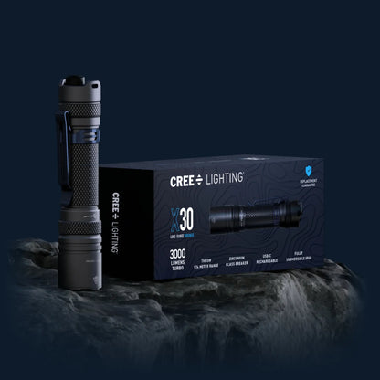Cree Lighting X30 Long-Range Thrower flashlight retail box: 3000 lumens, 574m throw, USB-C rechargeable