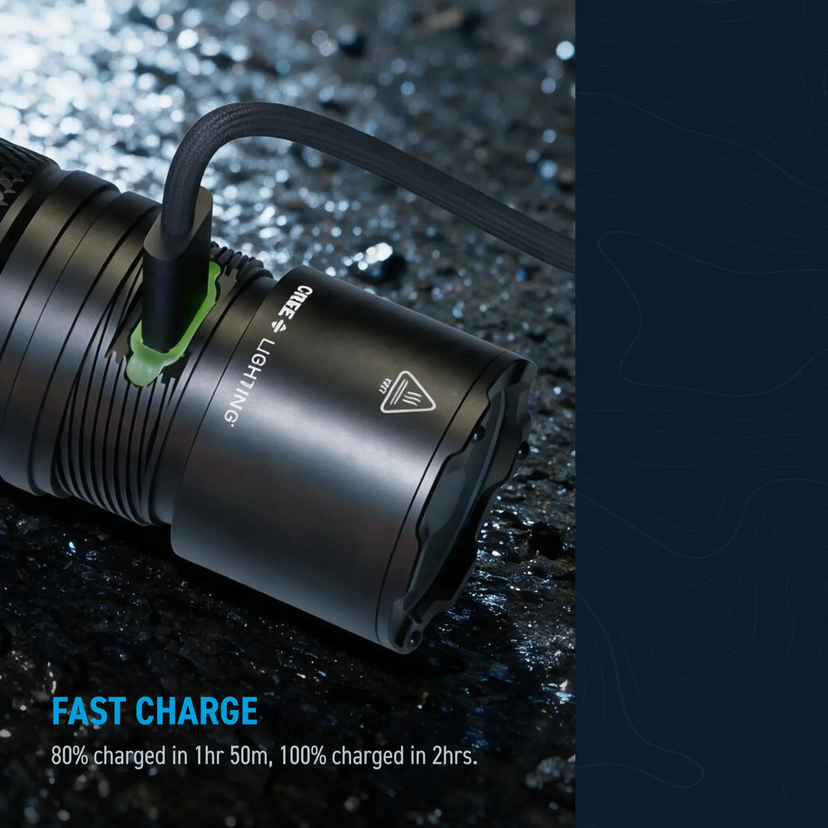 Cree Lighting X30 flashlight USB-C fast charge diagram: 100% charge in 2 hours