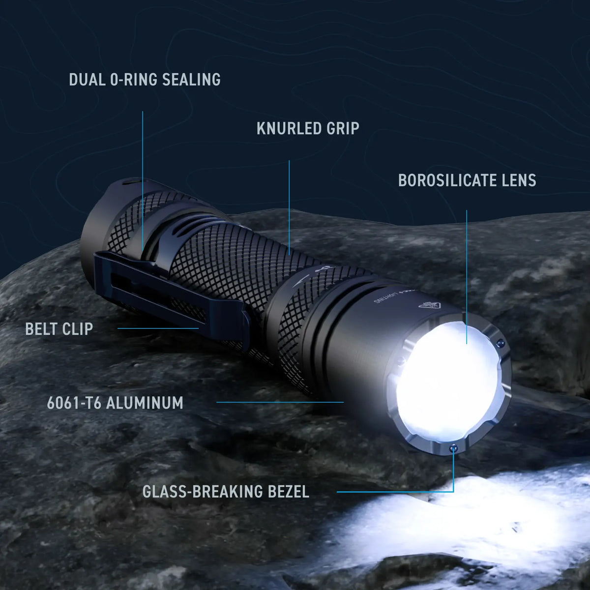 Cree Lighting X30 flashlight: 6061-T6 aluminum body, borosilicate lens, dual O-ring seal, glass break bezel