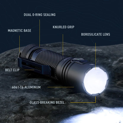 Cree Lighting XP40 flashlight: 6061-T6 aluminum body, borosilicate lens, dual O-ring seal, glass break bezel, magnetic base
