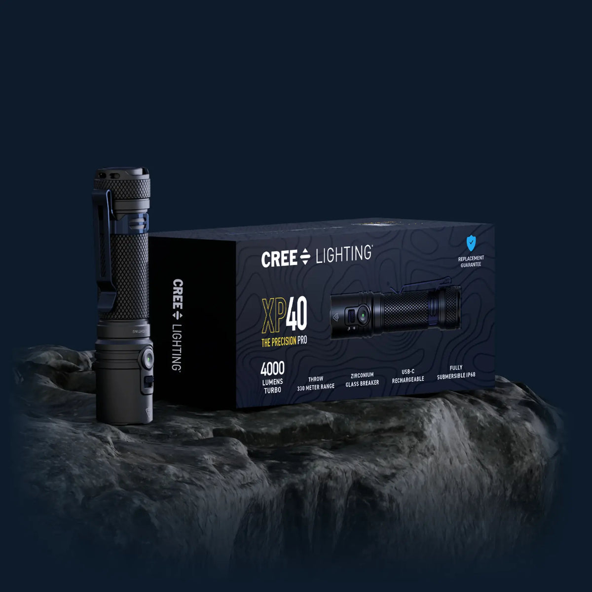 Cree Lighting XP40 Precision Pro flashlight retail box: 4000 lumens, 330m throw, USB-C rechargeable
