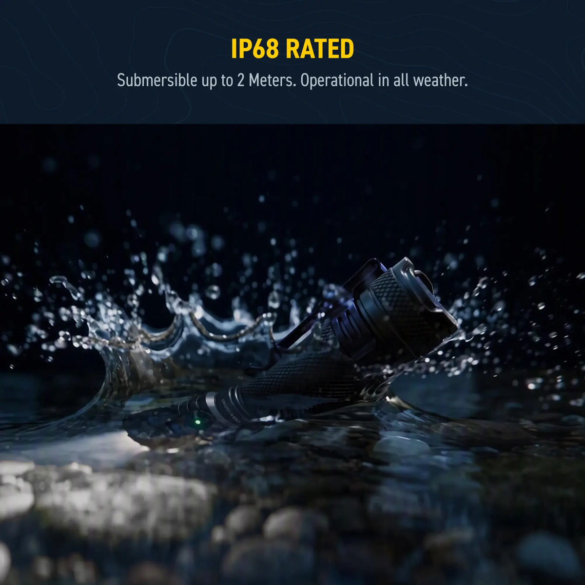 Cree Lighting XP40 IP68 rated waterproof flashlight splashing in 2m water