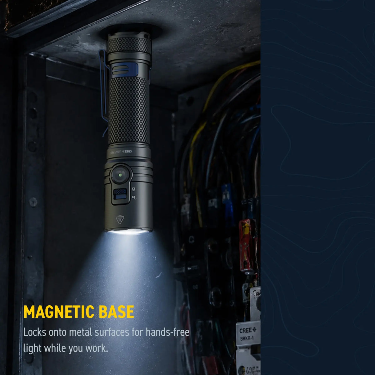 Cree Lighting XP40 flashlight magnetic base mounted hands-free on metal electrical panel
