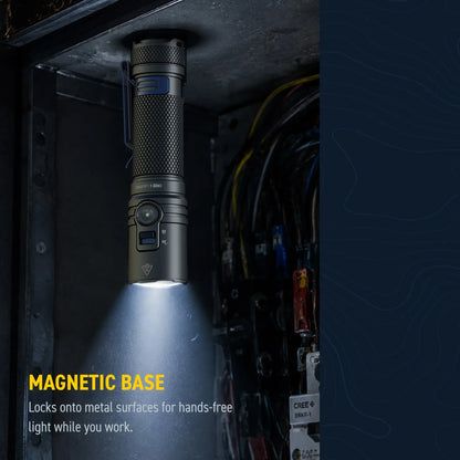 Cree Lighting XP40 flashlight magnetic base mounted hands-free on metal electrical panel
